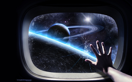 Escape the Ship - star, planet, window, ship, crack, space, rocket, fantasy, hope, hand, galaxy