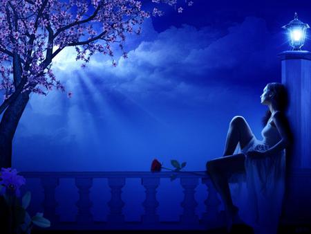 Night - moon, blue, girl, night, love, tree, fantasy, rose, missing, 3d, thinking, art