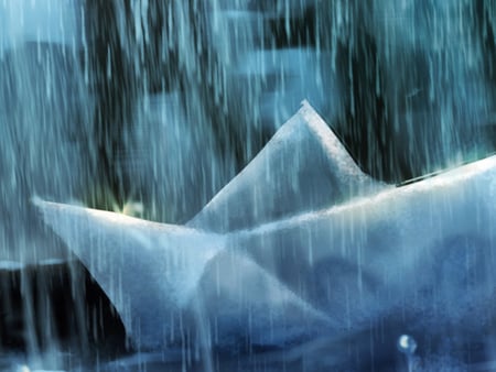 boat - abstract, rain, blue, 3d, cg