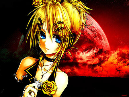 Kagamine Rin - pretty, anime, vocaloid, yellow, lolita, rin, kagamine rin, red, sky, blue eyes, clouds, moon, kagamine, beautiful, hair pins, flower, red moon, black, necklace, cross, headset, vocaloids