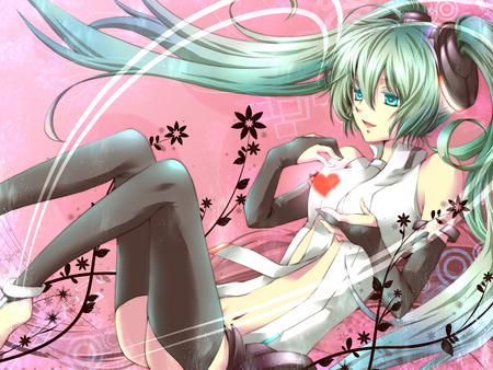 Hatsune Miku Append 01 - hatsune miku, animee, heart, headset, twintail, colorful, hatsune, vocaloids, pretty, pink, vocaloid, beautiful, miku, flowers, cute, vines