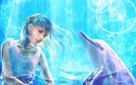 dolphin - water, beautiful, dolphin, girl, light