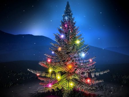 Blue Christmas tree - light, tree, mountain, blue, christmas