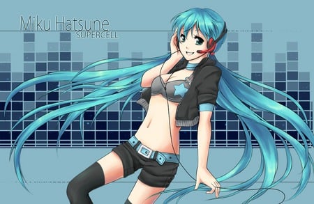 Hatsune Miku Supercell - pretty, star, anime, vocaloid, blue, beautiful, twintail, hatsune miku, microphone, miku, bars, supercell, cute, hatsune, vocaloids, headset