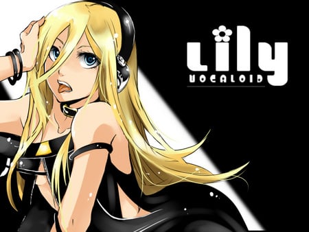 Lily - pretty, anime, vocaloid, hot, lily, black, white, cute, yellow hair, vocaloids, headset, sexy