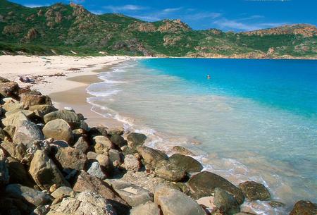 Saline Beach Bahamas - hills, foam, blue, shrubs, sea, ocean, sand, green, clear, rocks