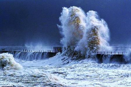 Impact - foam, blue, blue sky, splash, ocean, churning water, wave, pier