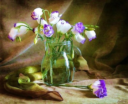 Simple bouquet - still life - purple and white flowers, water, table, scarf, still life, vase