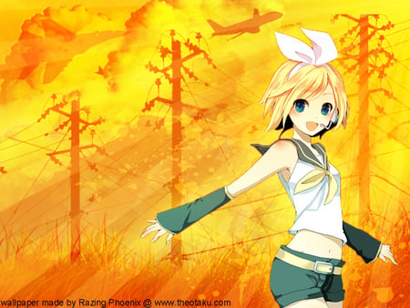 Kagamine Rin - pretty, airplanes, anime, vocaloid, military, telephone poles, rin, kagamine rin, 747, sky, clouds, jet, 747 boeing, kagamine, beautiful, poles, microhpone, colorful, planes, sunset, su-27 flanker, su-27, flanker, cute, headset, vocaloids