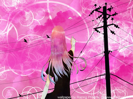 Megurine Luka - sky, colorful, pretty, clouds, megurine luka, telephone pole, anime, cute, megurine, birds, luka, paper airplane, airplane, vocaloids, vocaloid, beautiful, pink, paper