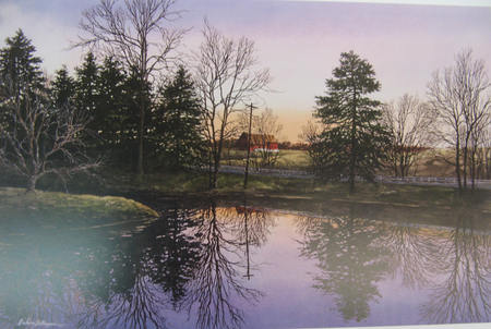 Misty Morning - fresh, trees, pond, country, fence, sky