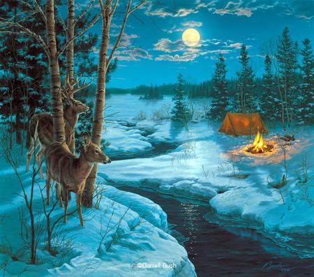 Camping By The Stream - tent, trees, water, fire, painting, artwork, deers, river, moon, firs, winter, night, campfire, deer, forest, snow, pines