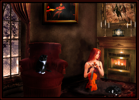 Cold Winter Night - chair, girl, cat, room, fireplace, dreaming