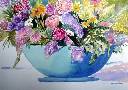 Blue Bouquet - yellow, pink, puple, red, blue, flowers, spring, cup