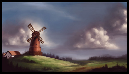 The Windmill - clouds, house, green energy, fields, power, windmill, sky