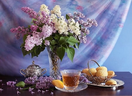 Tea and lilacs - white, lilacs, tea, table, violet, vase