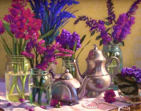 Flower Accents - blues, flowers, tea pot, necklace, purples, jars