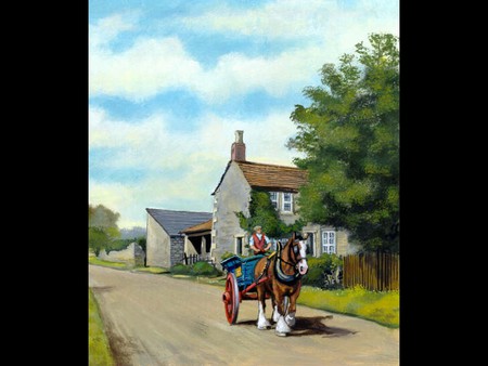 Huddersfield - country side, cottage, england, horse, trees, driver, barn