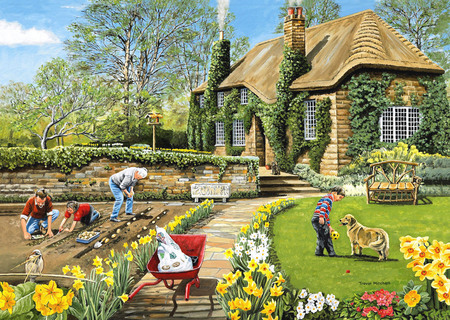 Spring Gardening - flowers, house, gardens, dog, planting, family