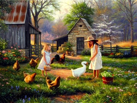 Simple Pleasures - chickens, trees, stone shed, flowers, girls, basket, goose, painting, barn, farm