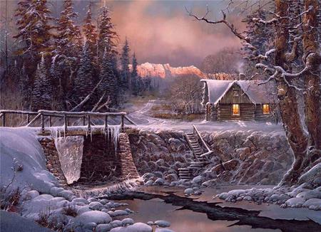 Tucked Away - trees, winter, cabin, bridge, creek, rocks