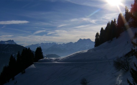 Beautiful Switzerland - clouds, covered, blue, beautiful, snow, sunshine, forest, nature, alpine, mountains, sky