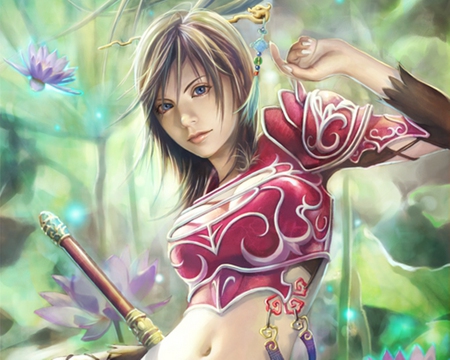 The Girl - sexy, hot, female, girl, anime girl, red, green, anime, sword, cute, flower