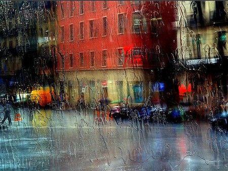 Much Rain - painting, street, rain, avenue, house