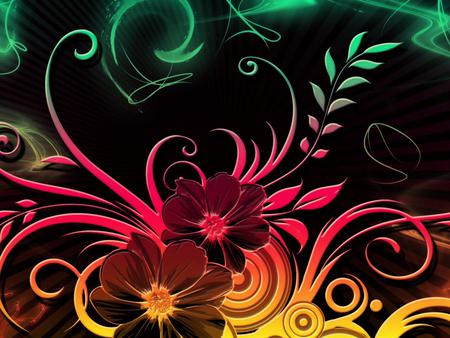 Hippie Flowers - flowers, green red, black, yellow