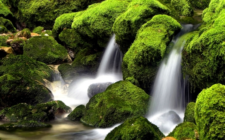 BEAUTIFUL FALLS - multiple, waterfalls, moss, plants, rocks