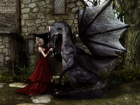 Woman and dragon - woman, dragon, fantasy, 3d