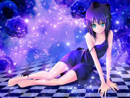 Blue Anime - anime, anime girl, female, blue, hot, girl, flower, rose, cute, sexy