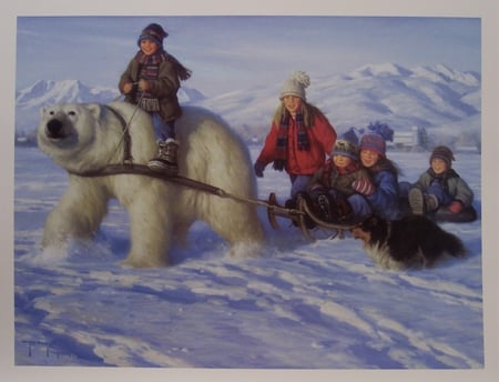 Visit From A Polar Bear - fun, children, dog, winter, polar bear, sled