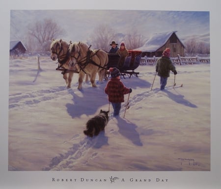 A Grand Winter Day - horses, dog, skiing, winter fun, sled, farm