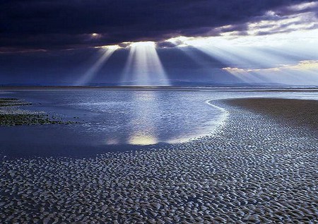 Rays of blue - beach, evening, peaceful, clouds, ripples, light rays, silver blue, sand