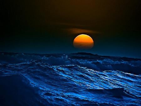 Kissing the blue - golden, sunset, ocean, night, waves, blue