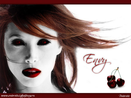 Envy - pretty, abstract, female, bloody eyes, girl, eyes, envy, red, woman