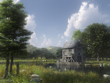 the mill at uberville - sky, watermill, mill, house, tree, nature