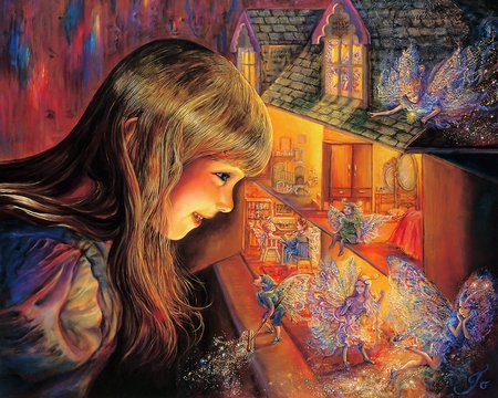 Surprise Visitors - abstract, doll house, josephine wall, dollshouse, girl, child, surprise, visitors, fairies, fantasy, wall