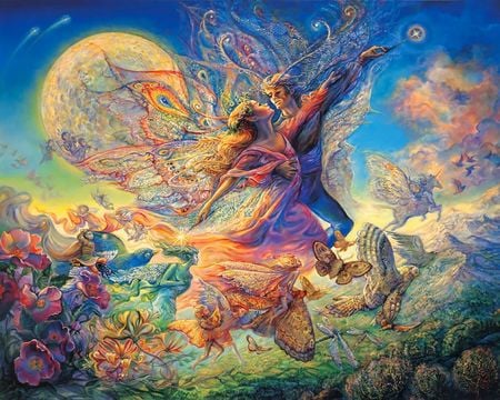 Titania and Oberon - moon, love, lover, couple, dance, moths, night, fantasy, fantasy josephine wall, painting, abstract, fairies, titania and oberon, owl, unicorn