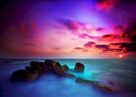 Colors - sky, ocean, aqua, water, sunset, rocks, pink, red, blue