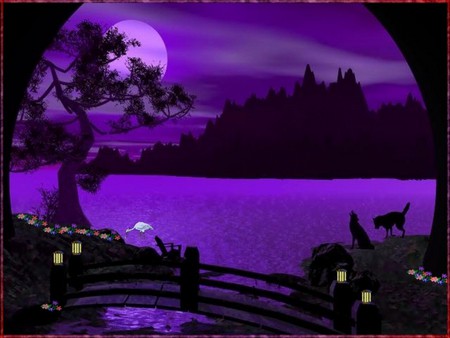 PURPLE MOON - clouds, moon, trees, water, night, flowers, purple, mountains, sky, bridge, animals