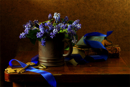 Study In Blue - flowers, key, pewter pitcher, blue ribbon, table, books, still life