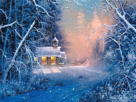 Sparkly Winter Night - winter, snowing, night, church, light, pink, woods