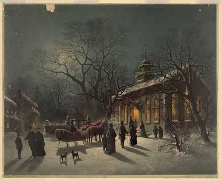 Evening Mass - moon, people, horses, gathering, night, sled, church