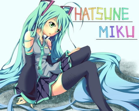 Hatsune Miku - pretty, tie, anime, vocaloid, blue, twintail, hatsune miku, rainbow, name, blue hair, text, blue eyes, girl, colorful, miku, cute, hatsune, vocaloids