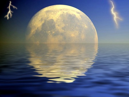 FULL MOON - moon, ocean, reflection, lightning