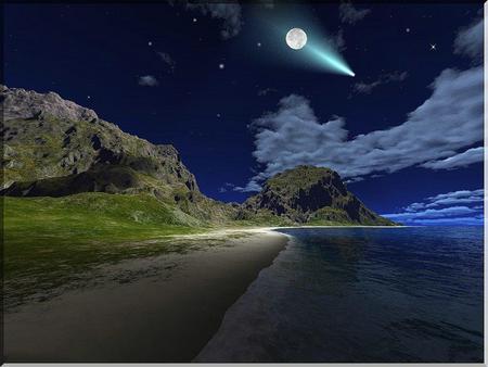 MOONLIGHT COMET - clouds, moon, beach, comet, night, mountains, stars, sky