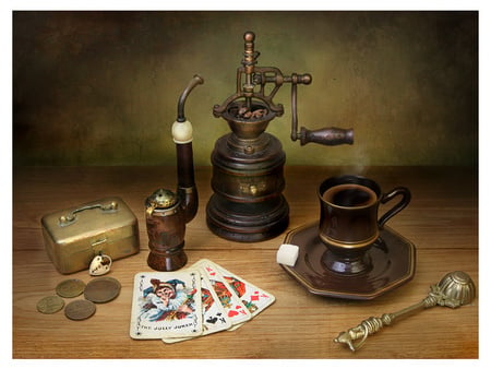 still life - coffee grinder, spoon, man, photo, coins, old, box, nice, beautiful, coffee, photography, cool, still life, harmony, maps, cup, pipe