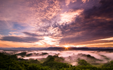 Sunrise Clouds - landscape, covered, forest, clouds, beautiful, fog, mountains, sunrise